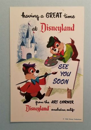 Disneyland Postcard; Art Corner Chip & Dale See You Soon; Vintage Disney