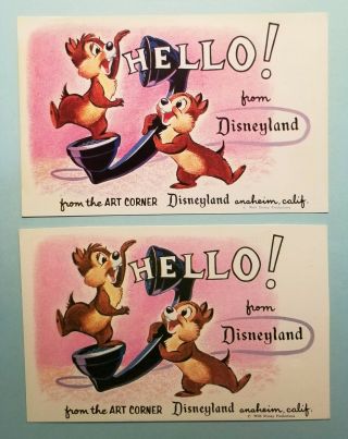 Disneyland Postcards; Art Corner Chip & Dale; 2 Different Backs; Vintage Disney