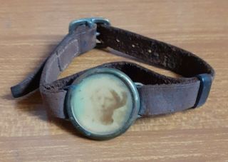 Circa Ww1 Trench Art Sweetheart Style Leather Strap Bracelet With Ladies Photo