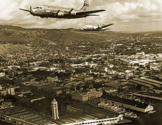 1951 Douglas C54 Skymasters Over Honolulu,  Hawaii Old Photo 8.  5 " X 11 " Reprint