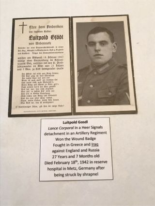 Ww2 German Death Card/picture/photograph - Fought In Iraq Against England/russia