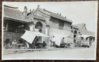 Vintage Rppc View Of Chinese Street Traders With Stalls Outside Temple Walls 30s