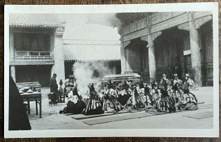 Vintage Rppc View Of Chinese Buddistic Religious Ritual Seated Priests & Temple