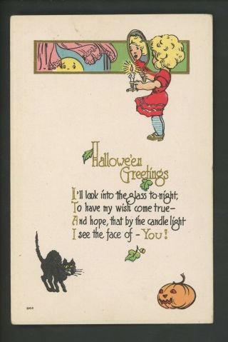 Halloween Postcard Sas 301 - 4 Child Girl Jol Black Cat Pumpkin Vintage