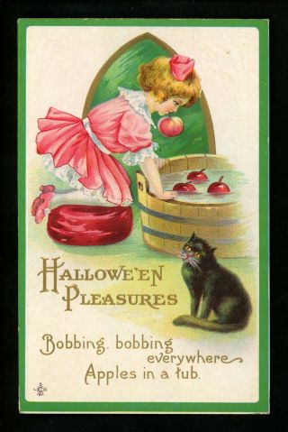 Halloween Postcard Stecher 226 - B Child Girl Apple Bobbing Black Cat Vintage