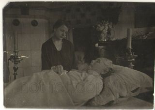 1920s Post Mortem Funeral Dead Woman Candles Sad Girl Russian Antique Old Photo