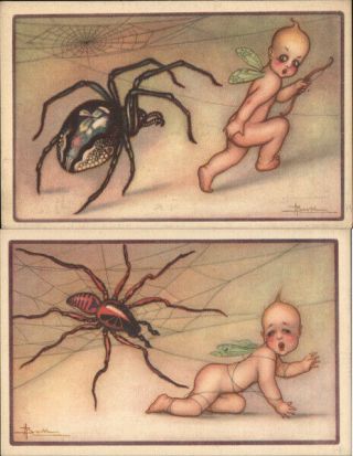 Adolfo Busi Set Of 2: Fairy With Spider Postcard Vintage Post Card
