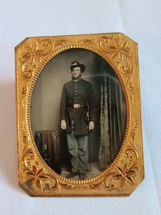 Tintype Civil War Soldier Standing W Sword In Frame Qtr Plate W 3 Cent Stamp