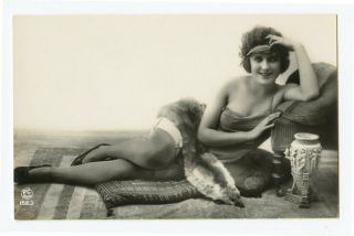 1920s Vintage Risque Nude Cute Flapper Lingerie Fur Stole French Photo Postcard