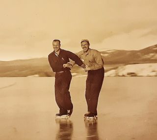 Vintage Old 1949 Photo Handsome Men Ice Skating On Squanga Lake Yukon Territory