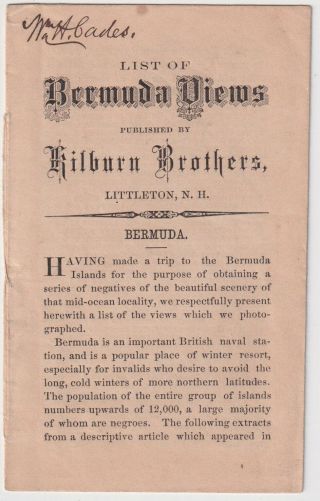 Kilburn Brothers : Very Rare Vintage List Of Bermuda Stereo Views C.  1870 V.  Rare