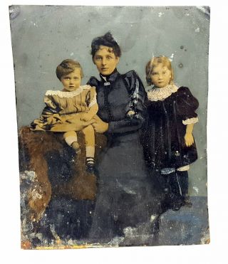 Antique Tintype Photograph Portrait Of Mother And Two Children,  Large,  1890s.