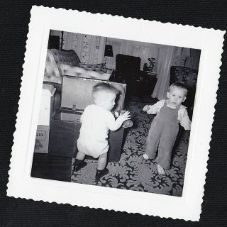 Old Antique Vintage Photograph Two Adorable Babies Playing In Retro Living Room