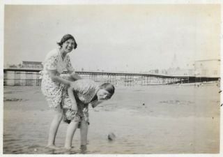 Vintage Old Photograph Two Ladies Piggybacks In The Sea By Worthing Pier 1920s