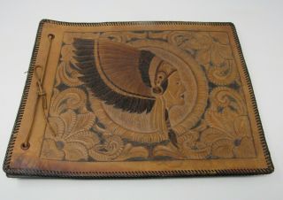 Rare Antique Leather Scrapbook Photo Album Indian Chief Head Dress Empty Ex Cond