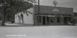 Vintage B&w Photo Negative - Buda,  Texas - Post Office - Old Car & Windmill
