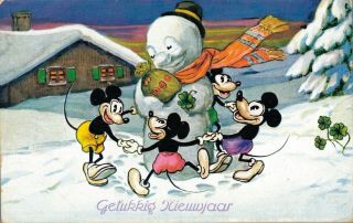 Happy Year Mickey Mouse Snowman Rare Disney Vintage Postcard 06.  34