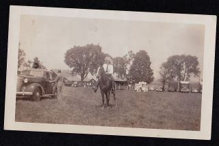 Old Vintage Antique Photograph Man With Long Hair On Horse Antique Car