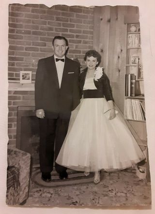 Vintage 1940s Old Photo Of Cute Couple Handsome Man Prom Date Huge Dress Fashion
