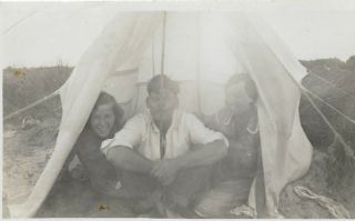 Vintage Old Family Photograph Teenage Boy Two Girls Sat Inside Tent 1920 