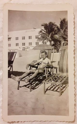 Vintage Old 1950s Photo Of Man Sunbathing On Miami Florida Beach Jefferson Hotel