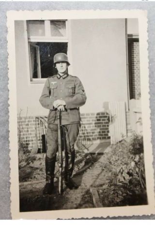 Ww2 Photograph Of German Soldier W/helmet,  Rifle & High Boots 3.  5 " X2.  5 "