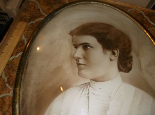 Antique Oval Bubble Glass Frame With Picture Of A Lady