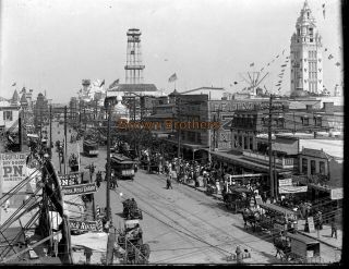 1910s Coney Island Crowds Trolley Steel Tower Signs Glass Photo Camera Negative
