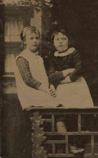 Old Vintage Antique Tintype Photo Cute Young Girls W/ Attitude Posing By Window