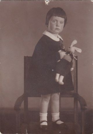 1930s Cute Little Girl With Toy Hare Doll On The Chair Old Russian Soviet Photo