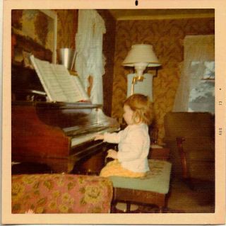 Old Vintage Photograph Adorable Little Girl Playing Piano In Retro Living Room