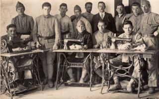 World War 1 Real Photo Post Card: French Soldiers With Singer Sewing Machines