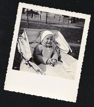 Old Vintage Antique Photograph Adorable Baby Sitting In Carriage Crying