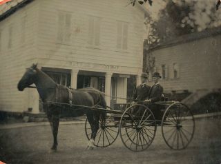 1893 Large Quarter Plate Tintype Of 2 Men In One Horse Carriage Post Office