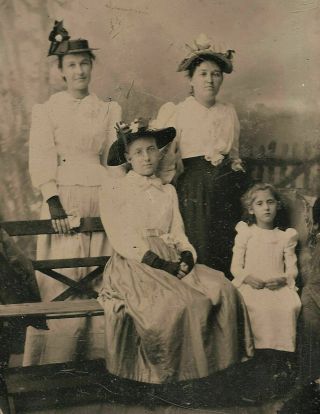 Old Vintage Antique Tintype Photo Young Ladies Women W/ Hats & Cute Little Girl