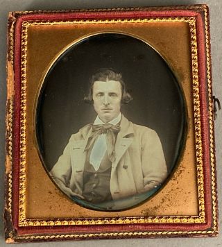 1/6 Plate Daguerreotype Young Man With " Wings " Hair Style,  No Wipes,  Half Case