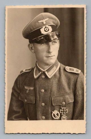 Ww2 Vintage Germany Real Photo Rppc Postcard German Officer Uniform / Iron Cross