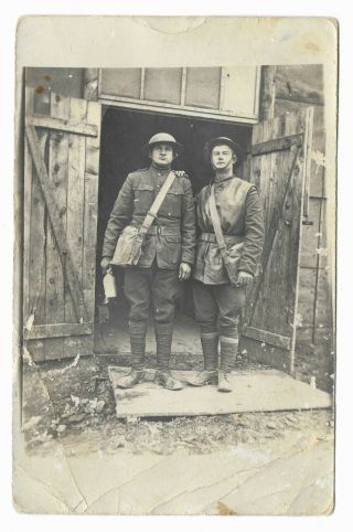 2 Us Doughboy Soldiers France World War 1 Rppc Jerkin Barracks Wwi Real Photo