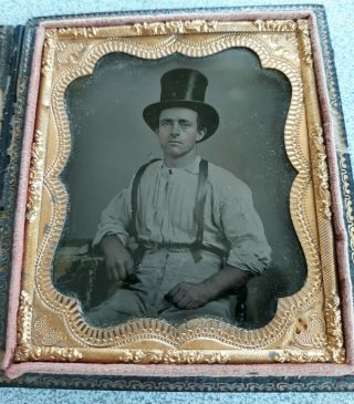 Ambrotype Man In Tall Hat And Suspenders Photograph Tinted
