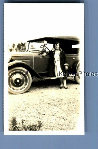 Found Vintage Photo A_0940 Girl In Dress Posed On Side Of Old Car