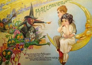 Vintage Halloween Postcard Nash Goblins Flying Witch Big Moon Man H - 12 Embossed