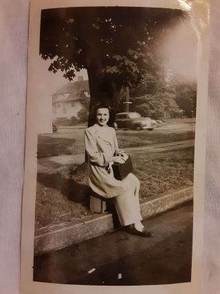 Vintage Old 1940 Photo Of Pretty Girl Going On Trip Sits On Suitcase & Box Purse