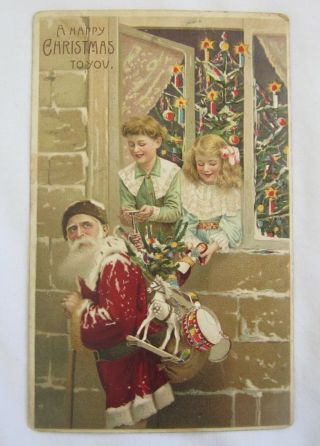 Vintage Htl Christmas Postcard Santa Claus Sack Toys Window Hold To The Light Nr