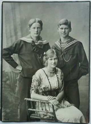 Old Cabinet Photo: Sister In Fine Dress And Brothers In Sailors Uniform Fx.  198