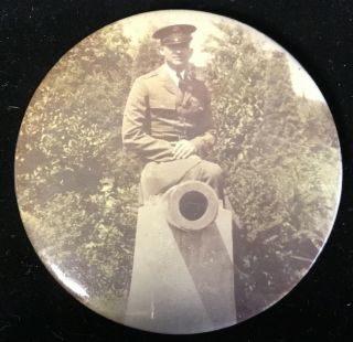 Wwii Sweetheart Photo Pocket Mirror Army Soldier Sitting On A Cannon Ww2