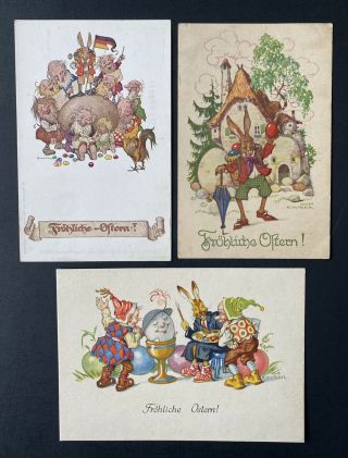 Vintage Easter Postcards (3) A/s E.  Kutzer Fun Dwarfs,  Dressed Bunnies
