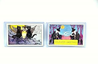 2 Vintage Whitney Made Halloween Postcards Black Cats,  Witches Worchester Mass