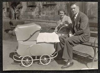 Vintage Photograph Man & Woman Sitting On Bench W/ Old Time Baby Carriage