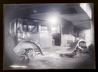 Glass Plate Negative Photograph Old Automobile Car On Jacks Wheels Tires Repair