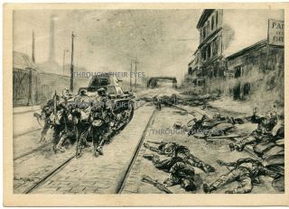 German Wwii Postcard Infantry Behind Panzer Dead Soldiers Ww2